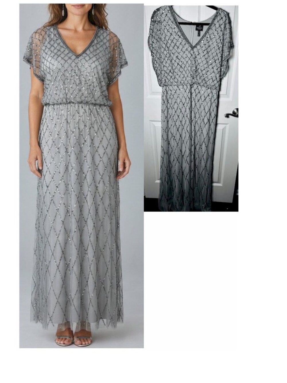 Adrianna Papell Platinum Grey Silver Sequin Blouson V Neck Maxi Dress Size 14
